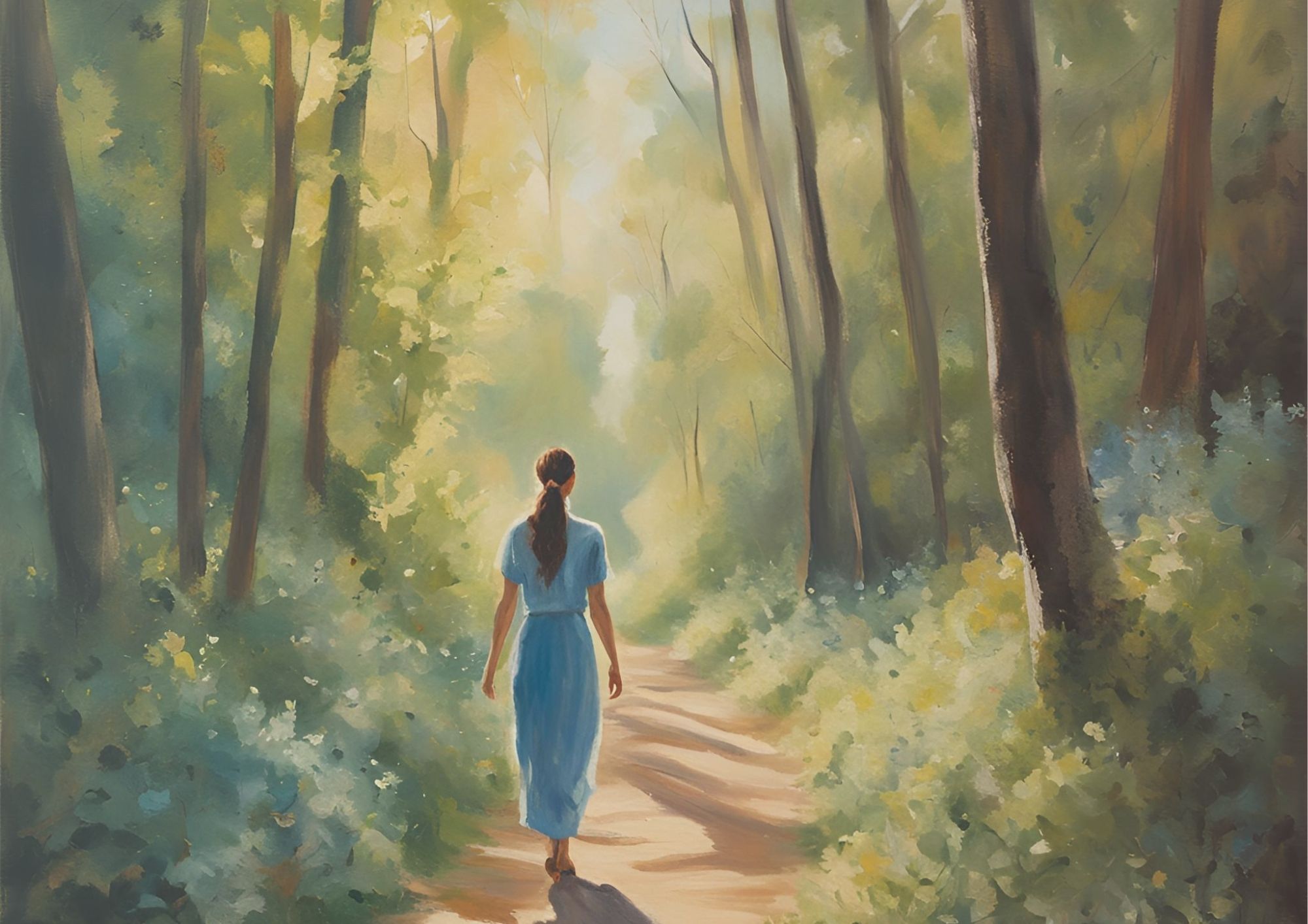 A person walking in nature, with soft lighting and peaceful expressions.