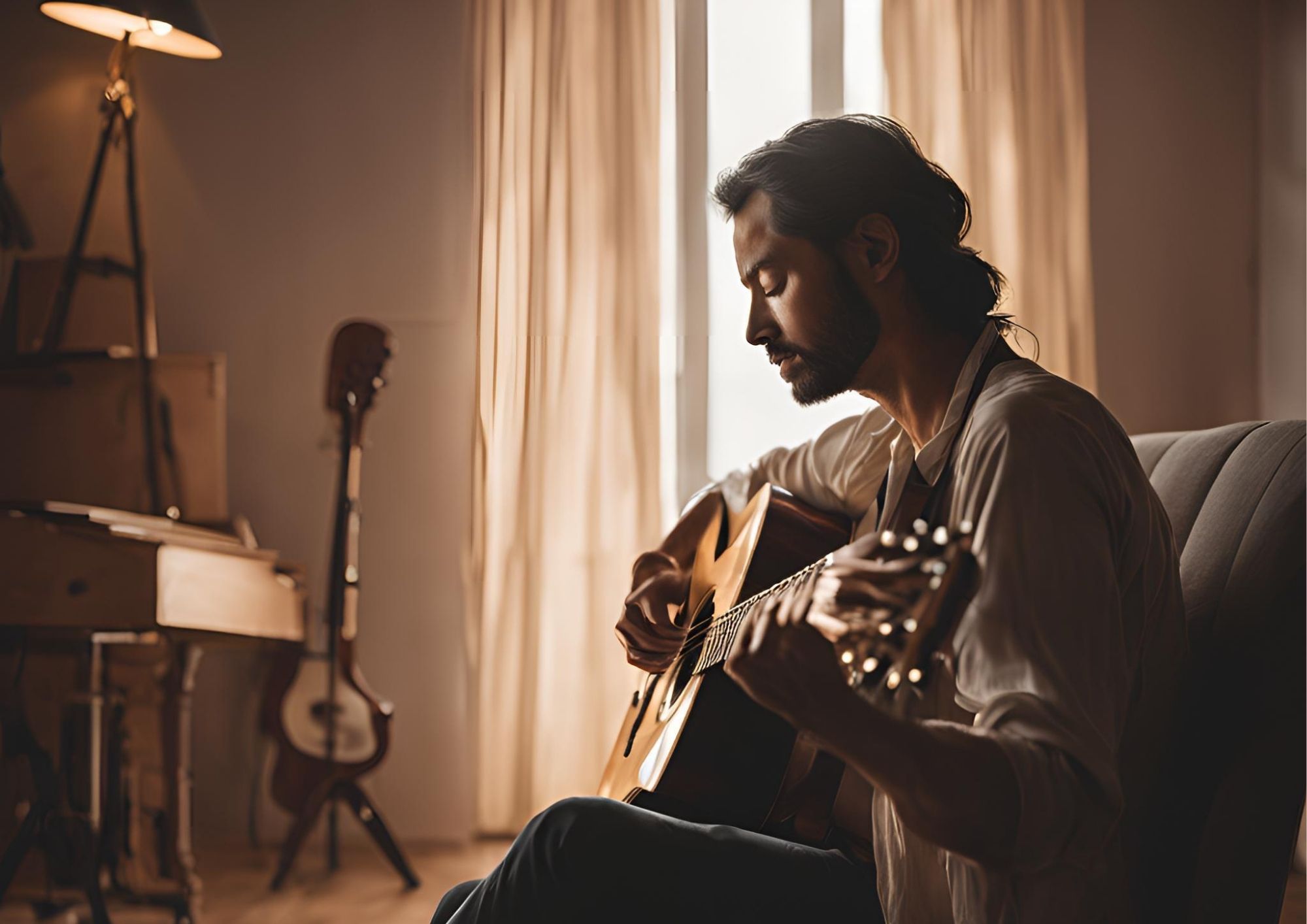 A musician playing a soothing acoustic guitar in a calm, intimate setting. A participant lies back, eyes closed, experiencing the guided musical journey. The atmosphere is warm and introspective, with gentle lighting enhancing the mood.
